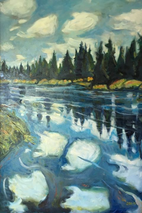 Pittura intitolato "River Reflections" da Lee Andres Christiansen, Opera d'arte originale, Olio