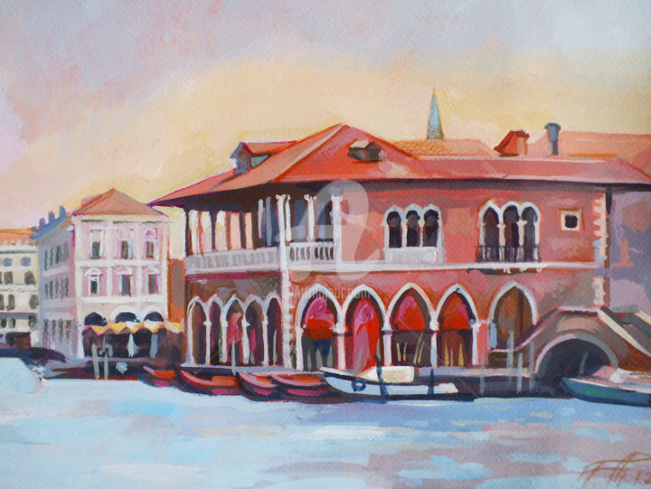 Painting titled "Venice Fish Market" by Filip Mihail, Original Artwork, Acrylic