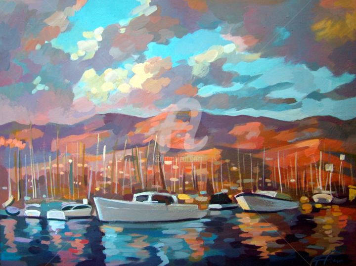 Peinture intitulée "Santa Barbara Marina" par Filip Mihail, Œuvre d'art originale, Acrylique