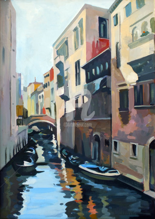 Painting titled "Boats in Venice" by Filip Mihail, Original Artwork, Acrylic