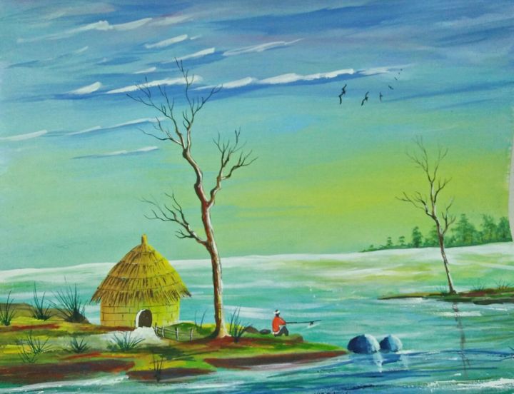 Painting titled "Old hut" by Falcon Khan, Original Artwork, Watercolor