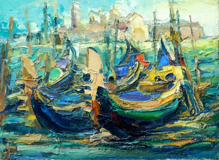 Pittura intitolato "Venice, boats" da Paintings By Various Artists From Ukraine, Opera d'arte originale, Olio