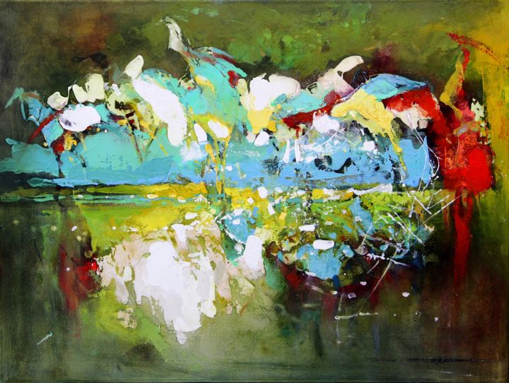 Painting titled "Cranes on the pond" by Paintings By Various Artists From Ukraine, Original Artwork, Oil
