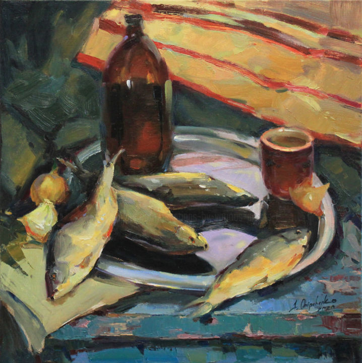 Painting titled "Still life with fish" by Paintings By Various Artists From Ukraine, Original Artwork, Oil