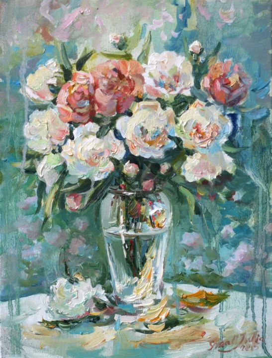 Painting titled "Peonies in a glass…" by Paintings By Various Artists From Ukraine, Original Artwork, Oil