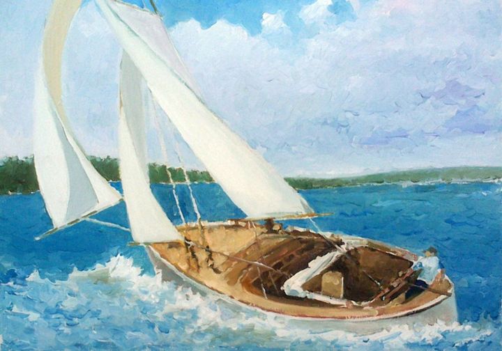 Painting titled "Boat Sailing" by Paintings By Various Artists From Ukraine, Original Artwork, Oil