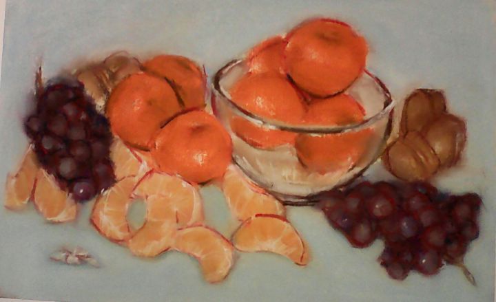 Painting titled "Tangerines and grap…" by Kalinka Stefanova, Original Artwork, Pastel