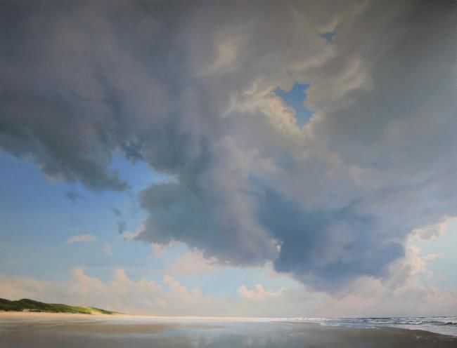 Schilderij getiteld "Beach With Passing…" door Janhendrik Dolsma, Origineel Kunstwerk, Olie