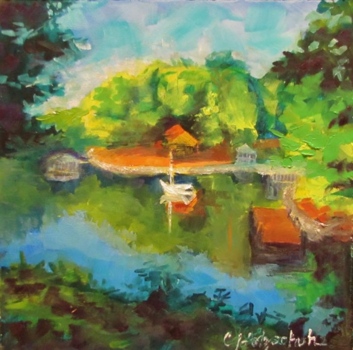 Schilderij getiteld "View From the Lake…" door Christine Holzschuh, Origineel Kunstwerk, Olie