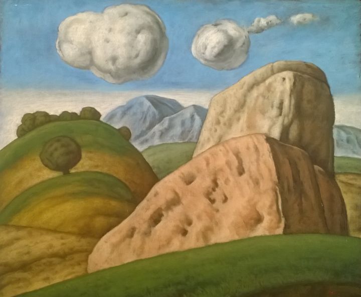 Pittura intitolato "evocazione di paesa…" da Francesco Palmieri, Opera d'arte originale, Olio