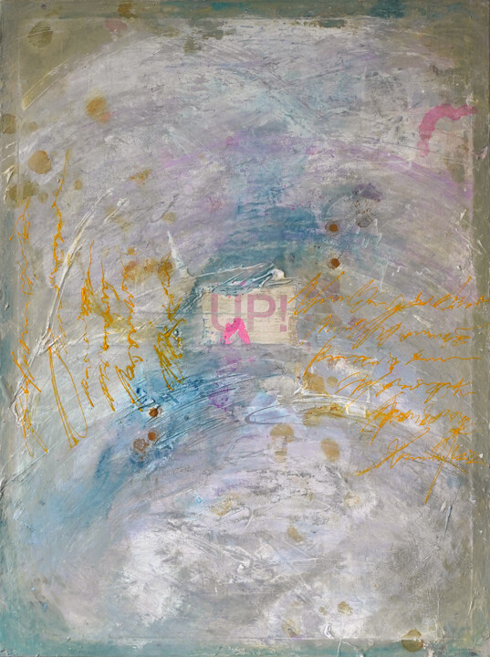 Картина под названием "“Up” yellow text st…" - Palirina, Подлинное произведение искусства, Акрил Установлен на Деревянная ра…