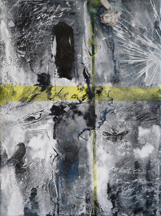 Collages titulada "“Death” black white…" por Palirina, Obra de arte original, Acrílico Montado en Bastidor de camilla de mad…