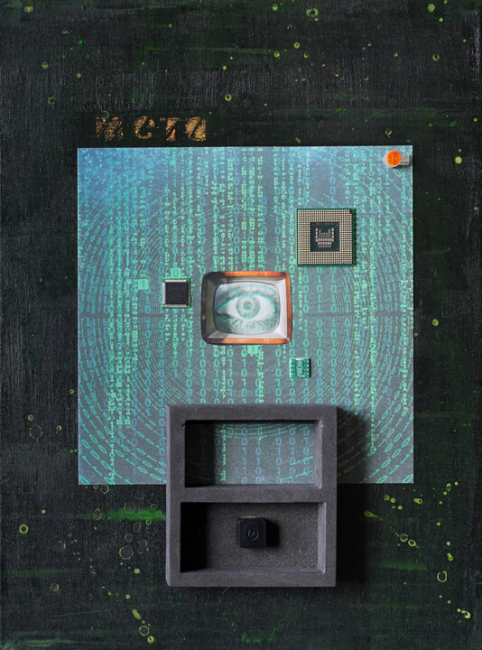 Collages getiteld "“Metaverse” eye mic…" door Palirina, Origineel Kunstwerk, Acryl Gemonteerd op Frame voor houten brancard