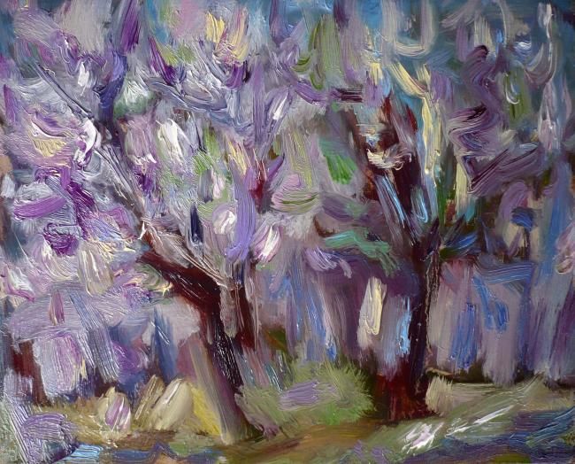 Painting titled "Acacias In Violet" by Galina Nikolova, Original Artwork