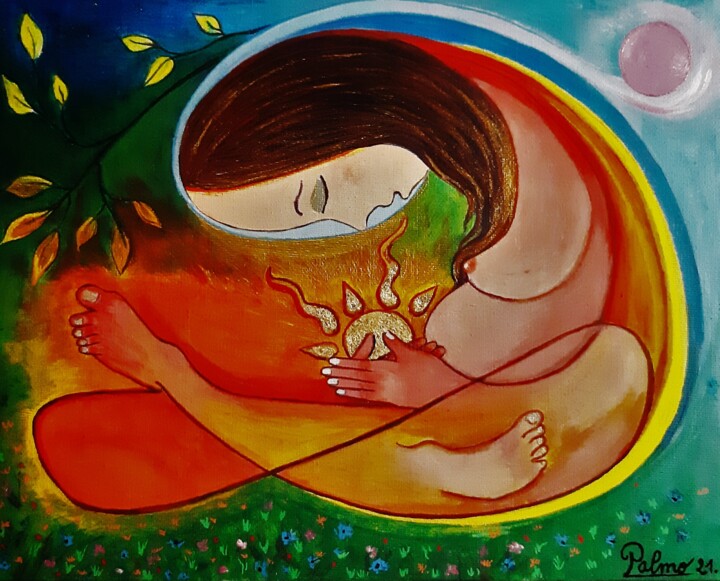 Peinture intitulée "Femme soleil" par Palmo, Œuvre d'art originale, Acrylique Monté sur Carton
