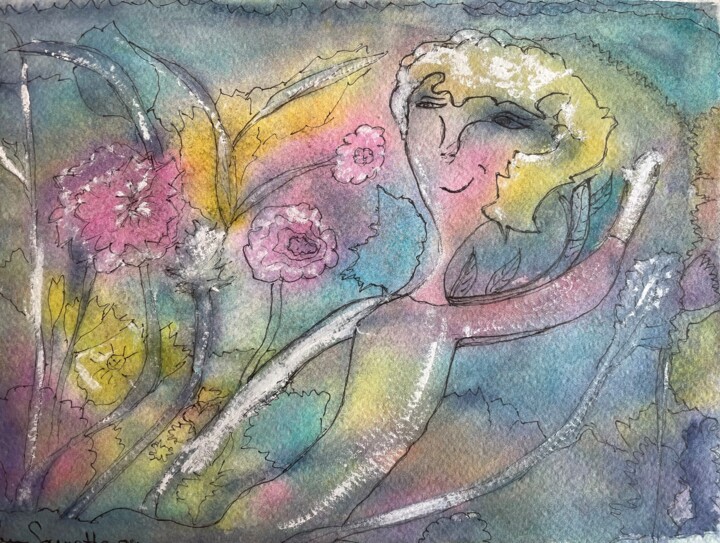 Картина под названием "Rêverie de printemps" - Pam Sounette, Подлинное произведение искусства, Акварель