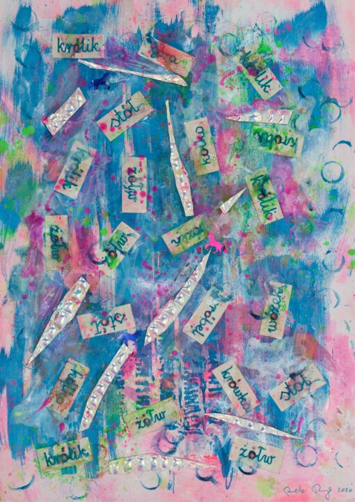 Collagen mit dem Titel "Potion of Dyslexic…" von Pamela Rys, Original-Kunstwerk, Acryl