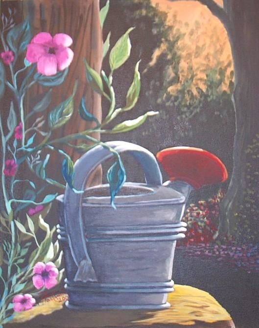 Painting titled "Watercan Landscape" by Pam Hartfield, Original Artwork, Oil