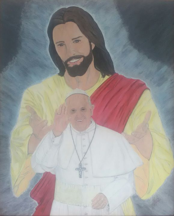 Painting titled "Jesús y el papa" by Deiby Fernando Paneso Galvis, Original Artwork