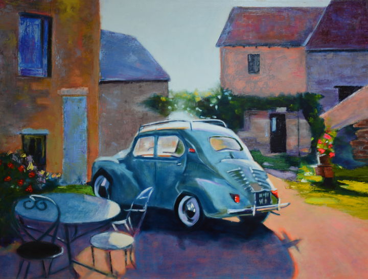 Painting titled "Blue old car, Canva…" by Pannochki.Art, Original Artwork, Oil