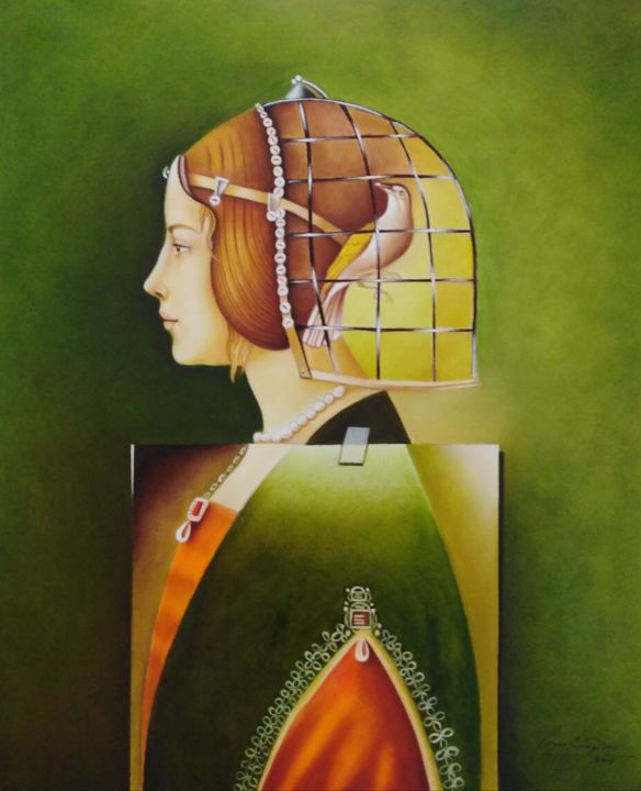 Painting titled "Η κυρία και το πουλί" by Panos Emirzian, Original Artwork, Oil