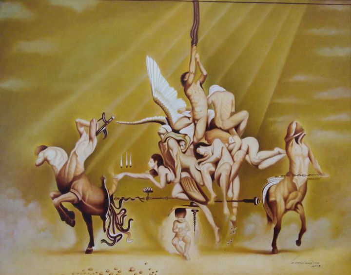 Schilderij getiteld "Το όνειρο του Ίκαρου" door Panos Emirzian, Origineel Kunstwerk, Olie