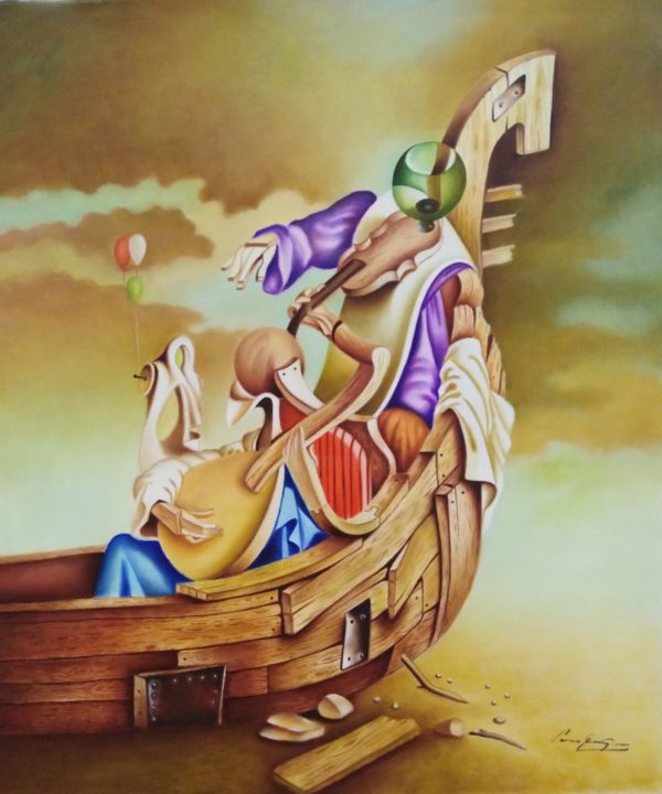 Peinture intitulée "Gondola Veniziana,M…" par Panos Emirzian, Œuvre d'art originale, Huile