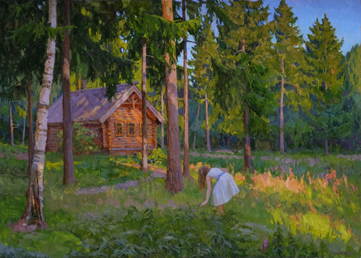 Painting titled "Лесные цветы" by Sergey Panteleev, Original Artwork, Oil Mounted on Wood Stretcher frame