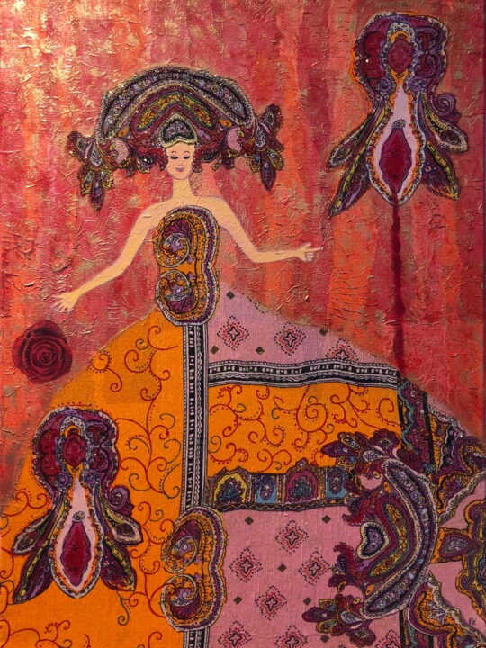 Peinture intitulée "La dame en rouge" par Paola Korga, Œuvre d'art originale