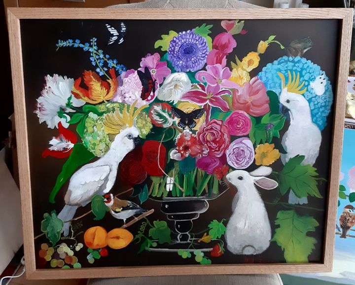 Pintura titulada "Bouquet with birds" por Paola Iacovone, Obra de arte original, Oleo