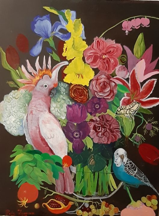 Schilderij getiteld "Floral with blue an…" door Paola Iacovone, Origineel Kunstwerk, Olie