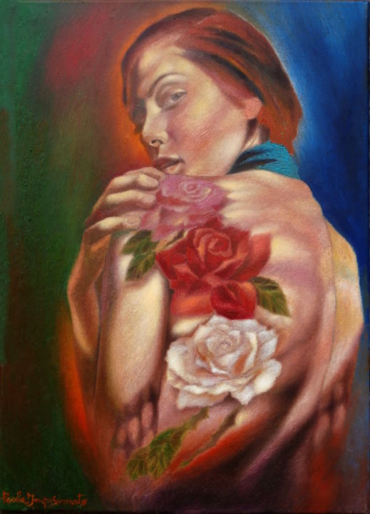 Painting titled "TATTOO" by Paola Imposimato, Original Artwork, Oil Mounted on Wood Stretcher frame