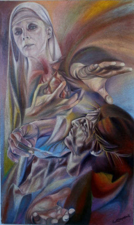 Painting titled "THE EXCHANGE OF HEA…" by Paola Imposimato, Original Artwork, Oil Mounted on Wood Stretcher frame