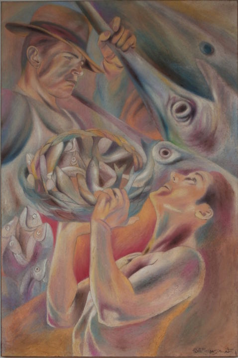 Pittura intitolato "THE FISH MARKET" da Paola Imposimato, Opera d'arte originale, Olio Montato su Telaio per barella in legno