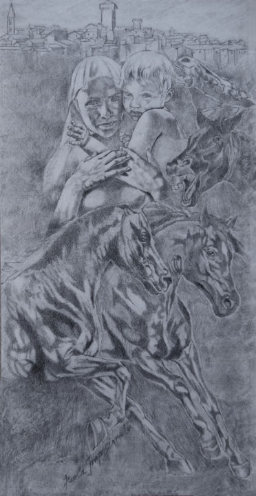 Disegno intitolato "HIPPOTHERAPY (3)" da Paola Imposimato, Opera d'arte originale, Matita Montato su Cartone