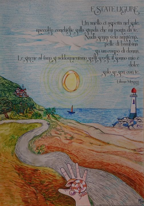 Disegno intitolato "Estate Ligure 2" da Paola Fontana, Opera d'arte originale, Matite colorate
