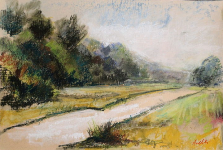 Painting titled "strada con piante" by Paolo Archilei, Original Artwork, Pastel