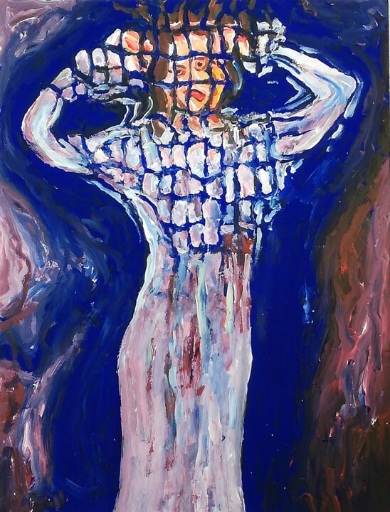 Painting titled "Donna su sfondo blu" by Paolo Avanzi, Original Artwork, Acrylic