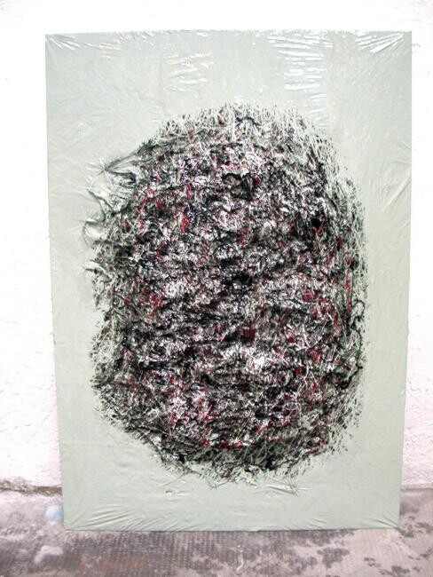 Textile Art titled "Coacervo primordiale" by Paolo Avanzi, Original Artwork, Spray paint