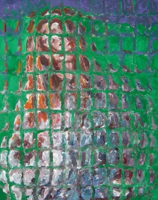 Pittura intitolato "Donna su sfondo ver…" da Paolo Avanzi, Opera d'arte originale, Olio