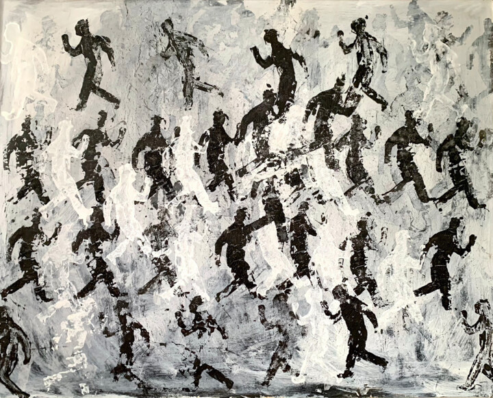 Painting titled "The running men" by Paolo Amoretti, Original Artwork, Acrylic Mounted on Wood Stretcher frame