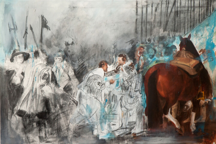 Painting titled "La Resa di Breda" by Paolo Damiani, Original Artwork, Oil Mounted on Wood Stretcher frame