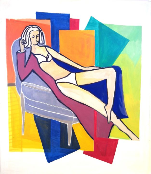 Painting titled "Jeune filla au sofa" by Papillon, Original Artwork, Oil