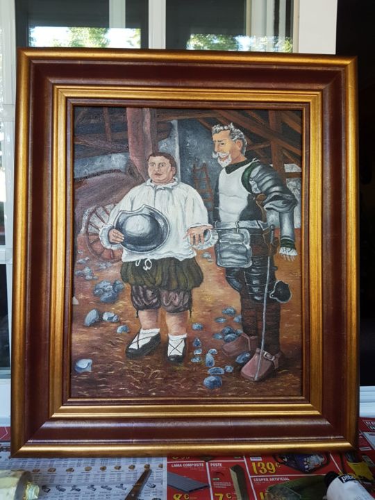 Painting titled "Don Quijote y Sanch…" by Villa Madrid, Original Artwork, Oil