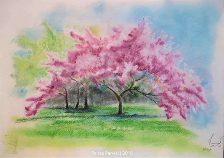 Drawing titled "Spring Tree" by Parisa Parvizi, Original Artwork, Chalk