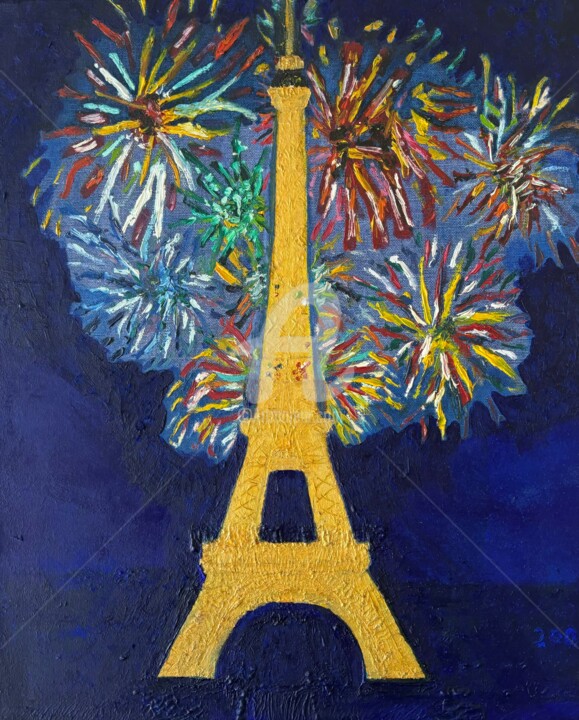 Malerei mit dem Titel "2000 New Year firew…" von Yann Delpech, Original-Kunstwerk, Öl