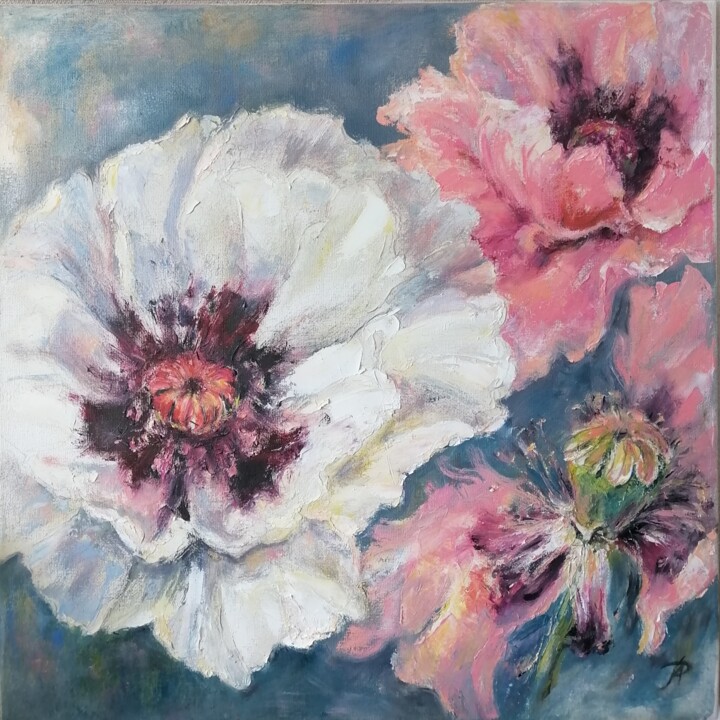 Peinture intitulée "White poppy. 45* 45…" par Irina Radionova, Œuvre d'art originale, Huile Monté sur Panneau de bois