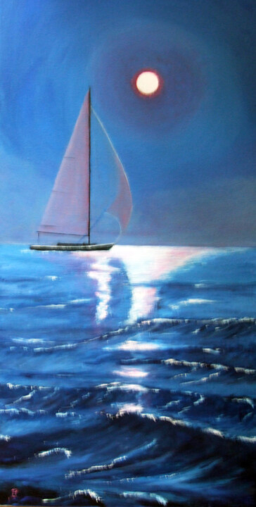 Painting titled "L'Ocean au clair de…" by Jean Parraud, Original Artwork, Oil Mounted on Wood Stretcher frame