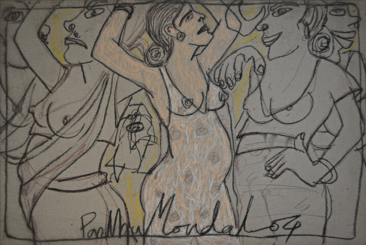 Dessin intitulée "Lady with discuss" par Partha Mondal, Œuvre d'art originale, Fusain
