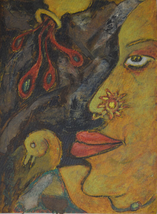 Painting titled "lady with flower va…" by Partha Mondal, Original Artwork, Acrylic
